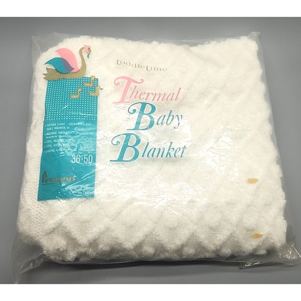 Vintage Penneys ToddleTime Baby Woven Brushed Cotton Nylon White 36' x 50"
